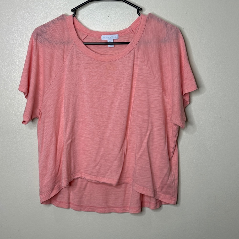 Beyond Yoga High Low Cropped Tee T-Shirt Pink Raglan Sleeve Slub Knit size Large